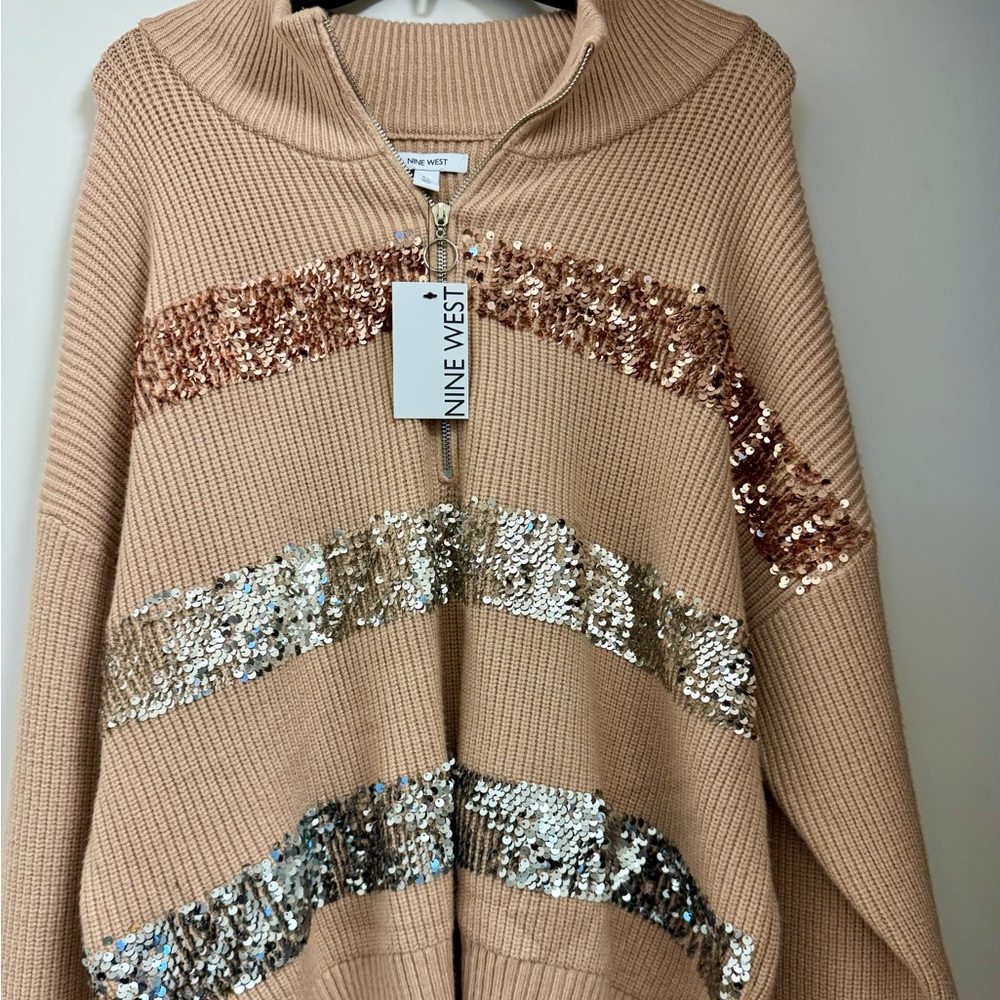 Nine West Tan Cowl Neck Sweater with Sequin Stripes
